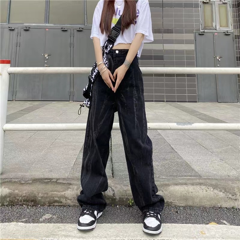 Vintage Washed Black High Waist Denim Trousers Female Hot Girl Fashion Clothes Design Loose Straight Wide Leg Jeans Womens
